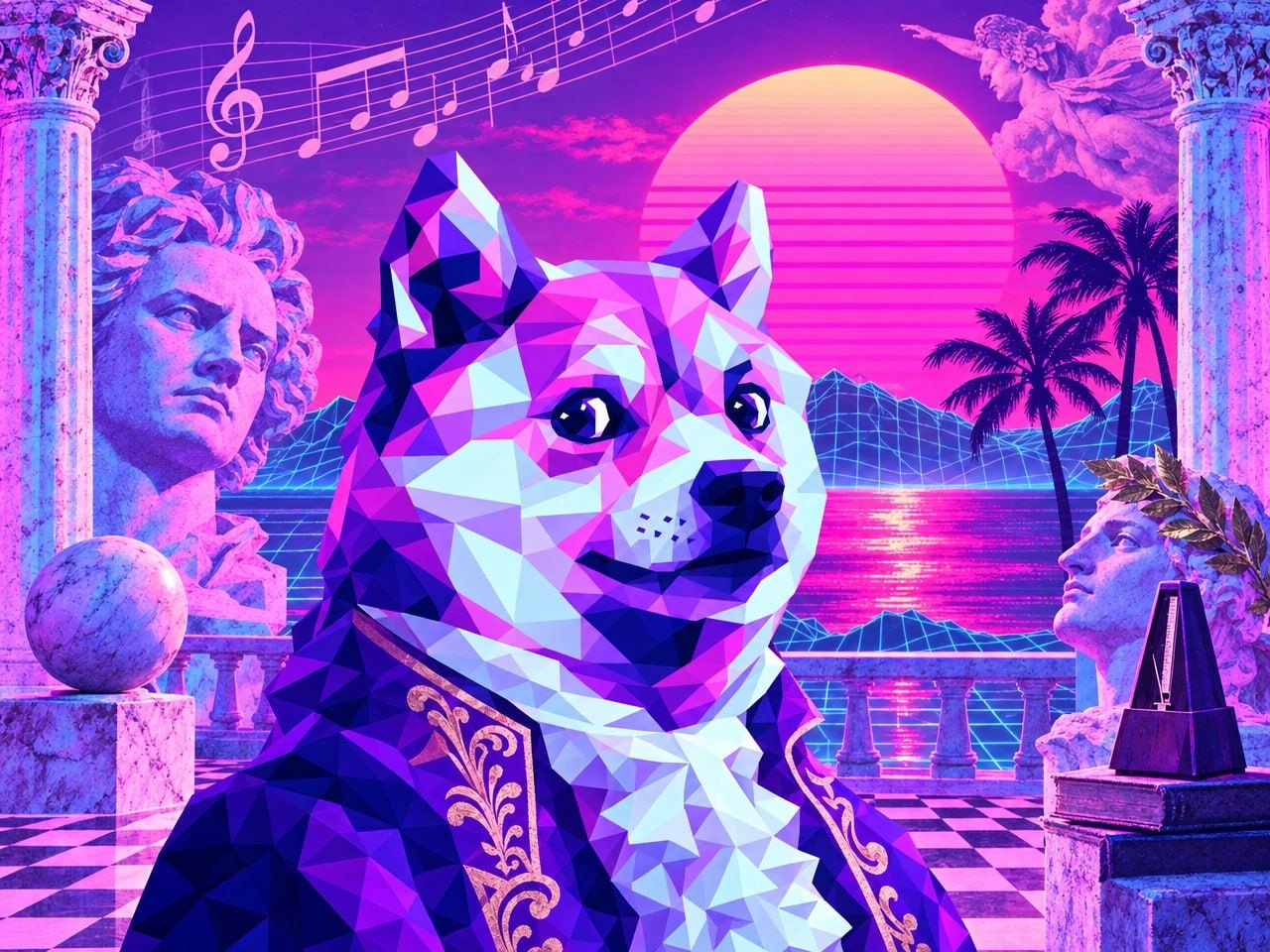 The inu in a baroque coat on a neon terrace, flanked by a Beethoven bust, marble columns, a metronome and a retro sun